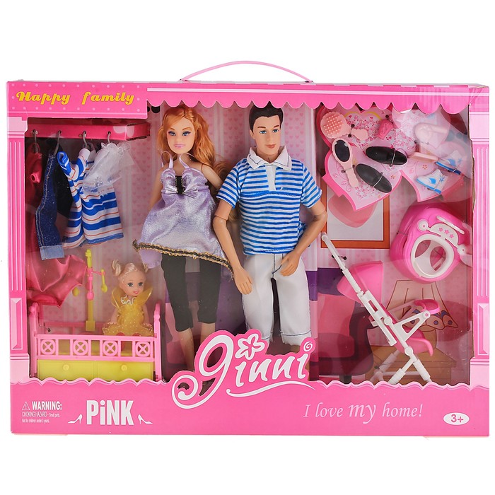 Кукла семья "Джинни", папа, беременная мама, дочка в коляске, одежда и аксессуары