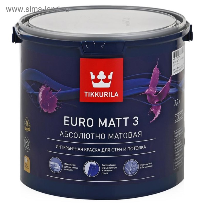 фото Краска латексная для внутренних работ тиккурила евро matt 3, база с, глубоко матовая 9л tikkurila