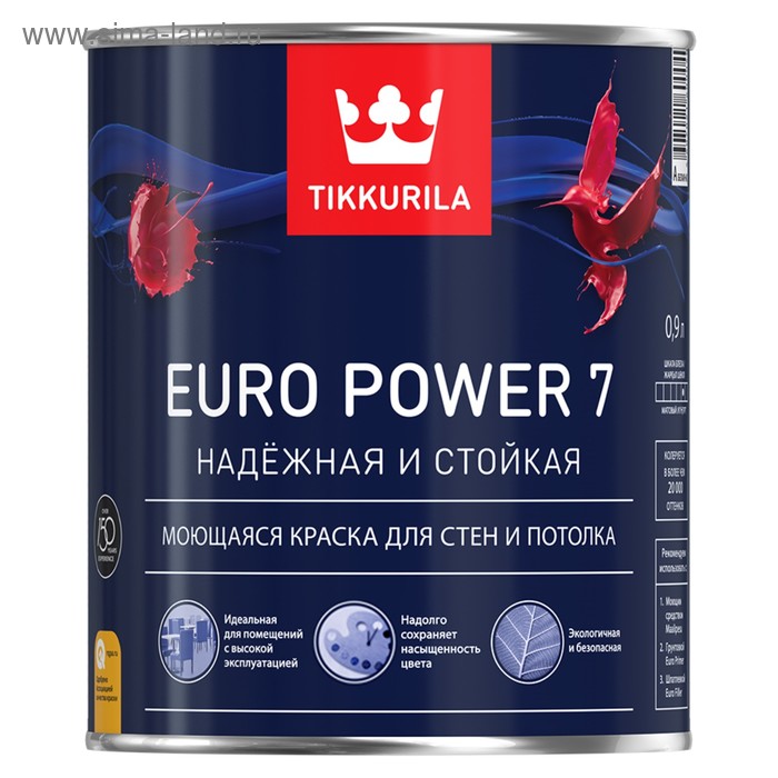 фото Краска латексная для внутренних работ тиккурила евро power 7, база с, матовая 0,9л tikkurila