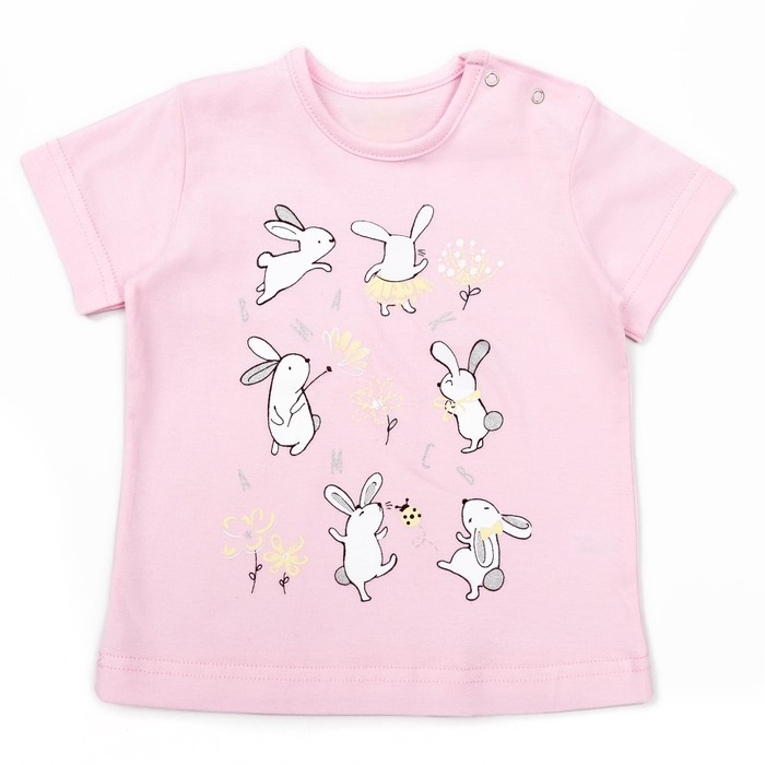 Футболка для девочки "Зайка на полянке", цвет светло-розовый