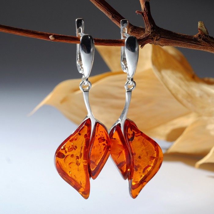 Серьги посеребрение "Янтарь" две половинки, цвет коньячный