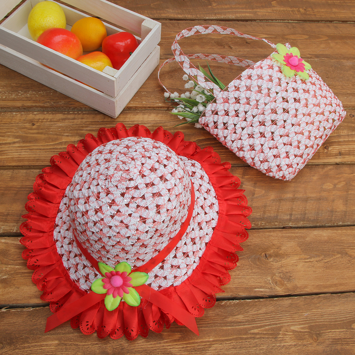 Набор сумочка и шляпка с цветочком р-р 50-52 см, цвет красный