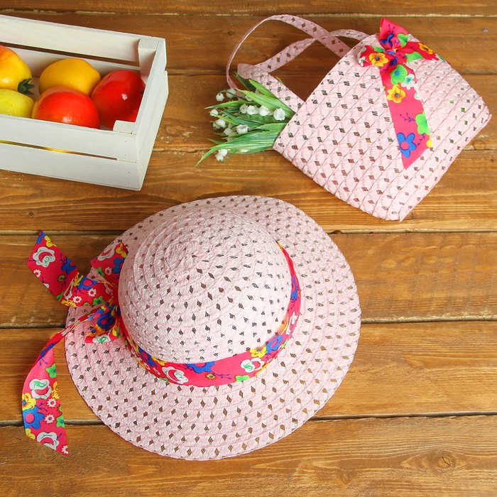 Набор сумочка и шляпка с бантом р-р 50-52 см, цвет светло-розовый