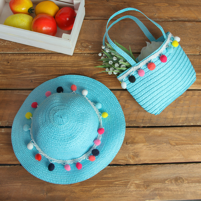Набор сумочка и шляпка с шариками р-р 50-52 см, цвет голубой
