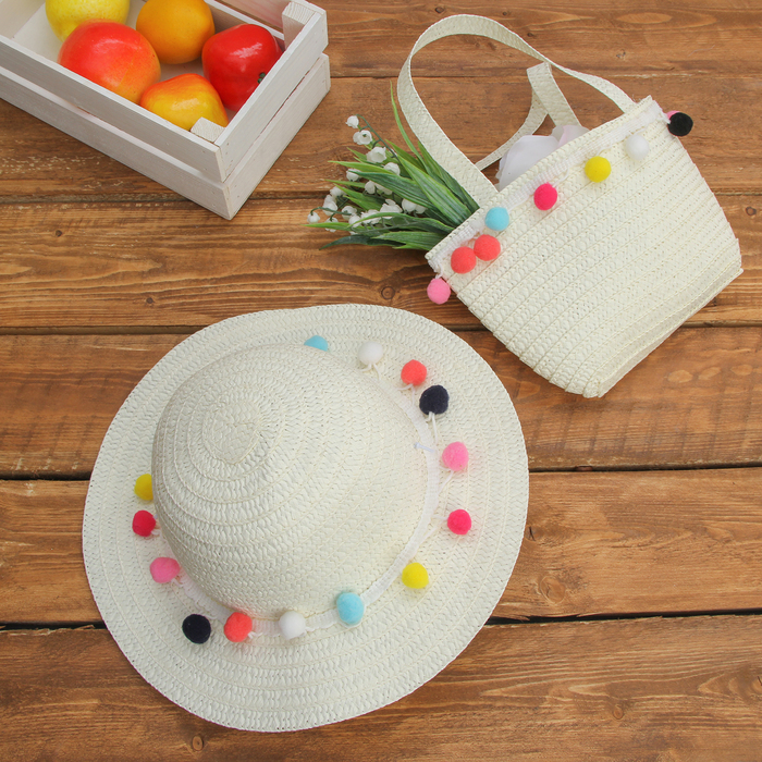 Набор сумочка и шляпка с шариками р-р 50-52 см, цвет белый