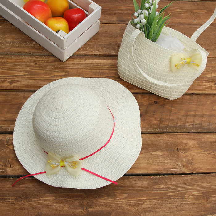 Набор сумочка и шляпка с бантиком р-р 50-52 см, цвет бежевый