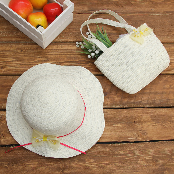 Набор сумочка и шляпка с бантиком р-р 50-52 см, цвет бежевый