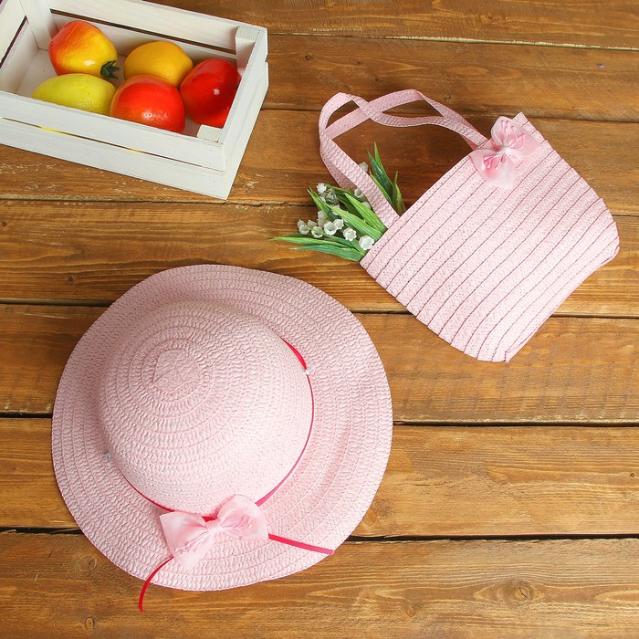 Набор сумочка и шляпка с бантиком р-р 50-52 см, цвет светло-розовый