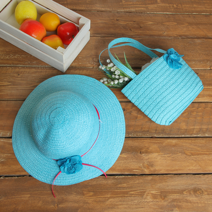 Набор сумочка и шляпка с цветком р-р 50-52 см, цвет голубой