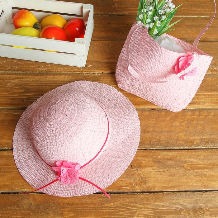 Набор сумочка и шляпка с цветком р-р 50-52 см, цвет светло-розовый