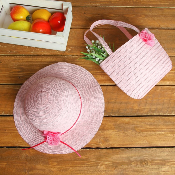 Набор сумочка и шляпка с цветком р-р 50-52 см, цвет светло-розовый