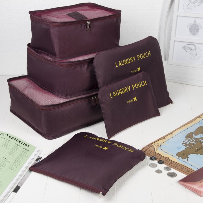 Набор для путешествий, 6 предметов на молниях, цвет бордовый