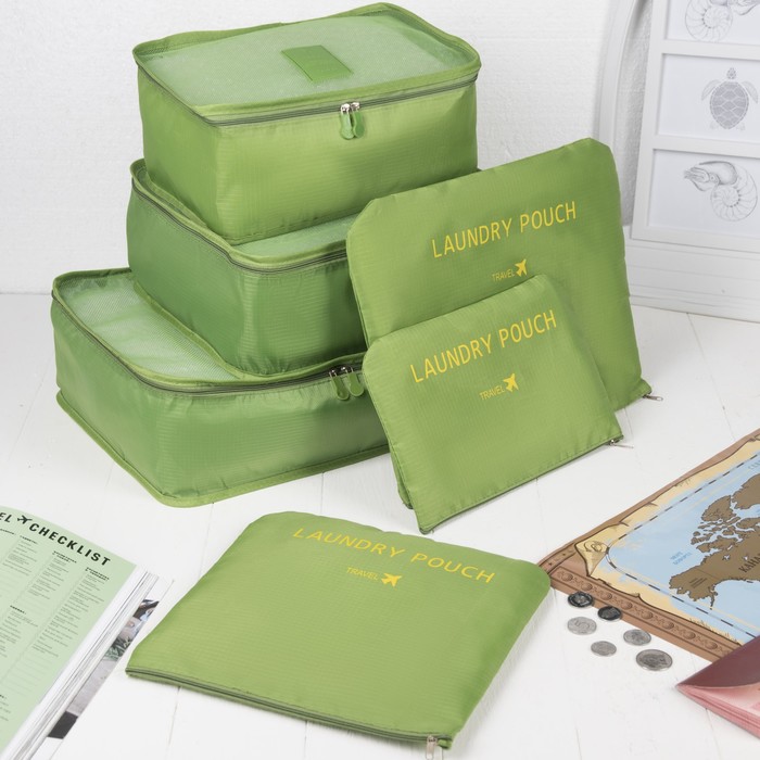 Набор для путешествий, 6 предметов на молниях, цвет зелёный