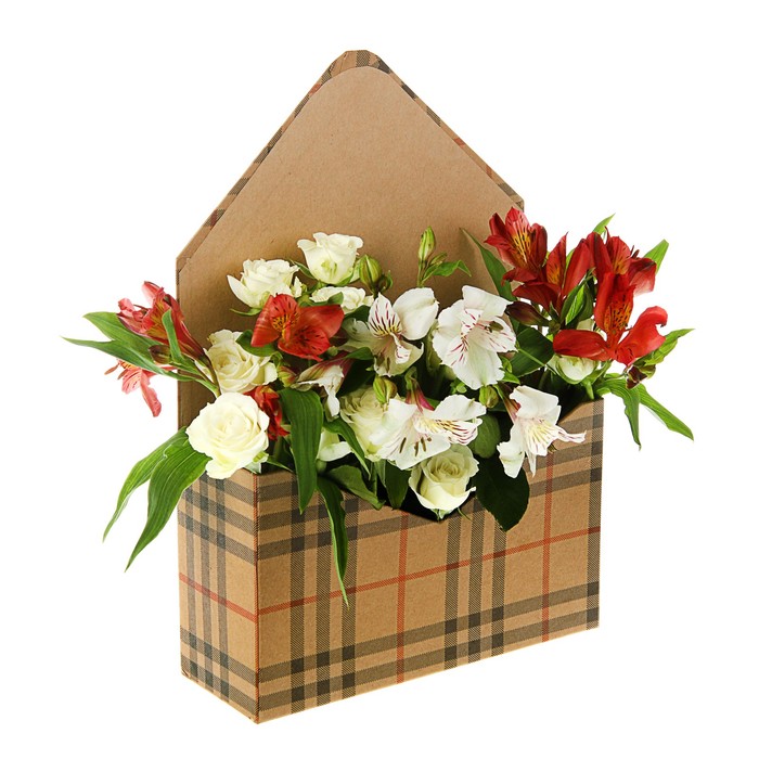 Коробка-конверт, "Шотландка бежевая крафт", 23 х 8 х 34 см