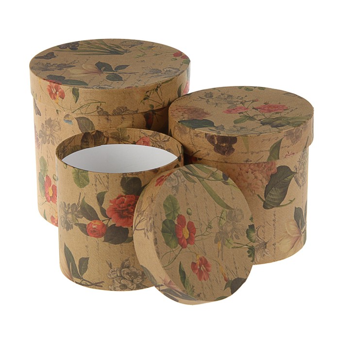 Набор коробок 3в1 "Цветы ретро крафт", 20 х 20 х 20 - 15 х 15 х 15 см