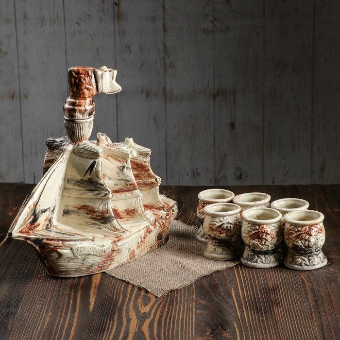 Коньячный набор "Корабль жемчужина" 1,5 л, шамот, 7 предметов