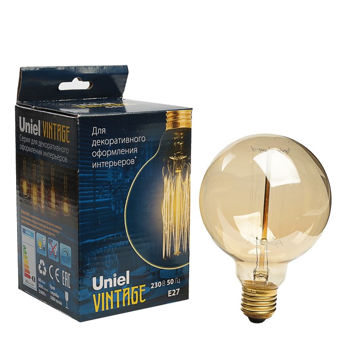 Лампа накаливания Uniel Vintage, G95, E27, 60 Вт, 230 В, шар, нить VW, золотистая колба