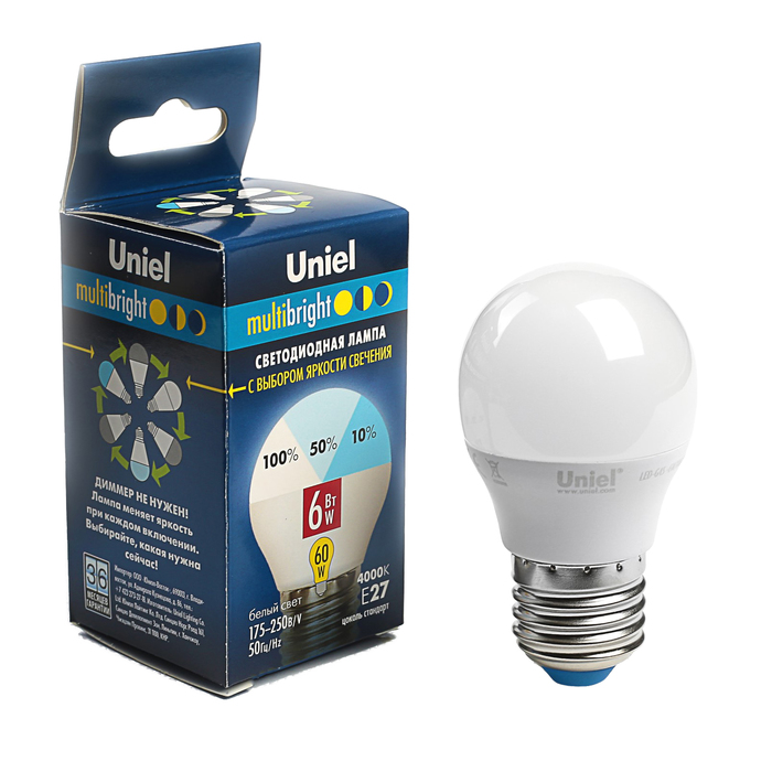 Лампа светодиодная Uniel Multibright, G45, E27, 6 Вт, 4000К, 230 В, шар, матовая