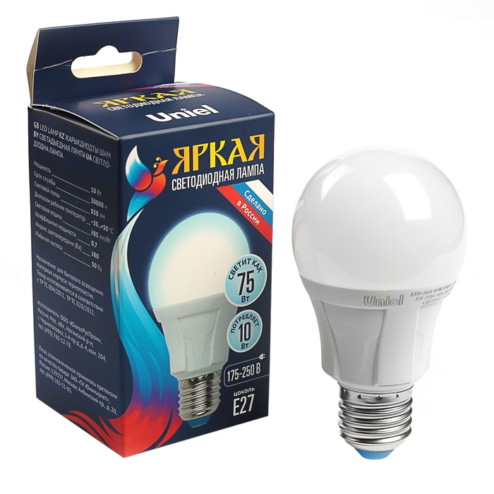Лампа светодиодная Uniel Яркая, A60, А, E27, 10 Вт, 4000К, 230 В, матовая