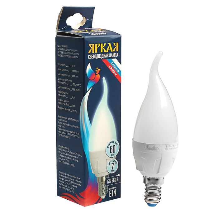 Лампа светодиодная Uniel Яркая, CW37,  E14,  7 Вт, 4000К, 230 В,  свеча, матовая