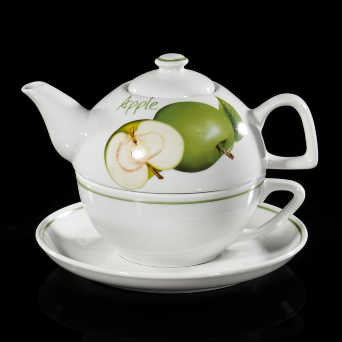 Набор для чая "Зелёное яблоко", 3 предмета: чайник 450 мл, чашка 250 мл, блюдце