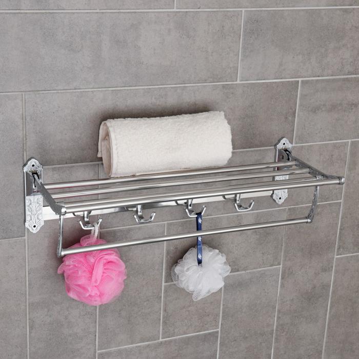 Полка откидная с рисунком с держателем полотенец, 4 двойных крючка 60х38х5 см