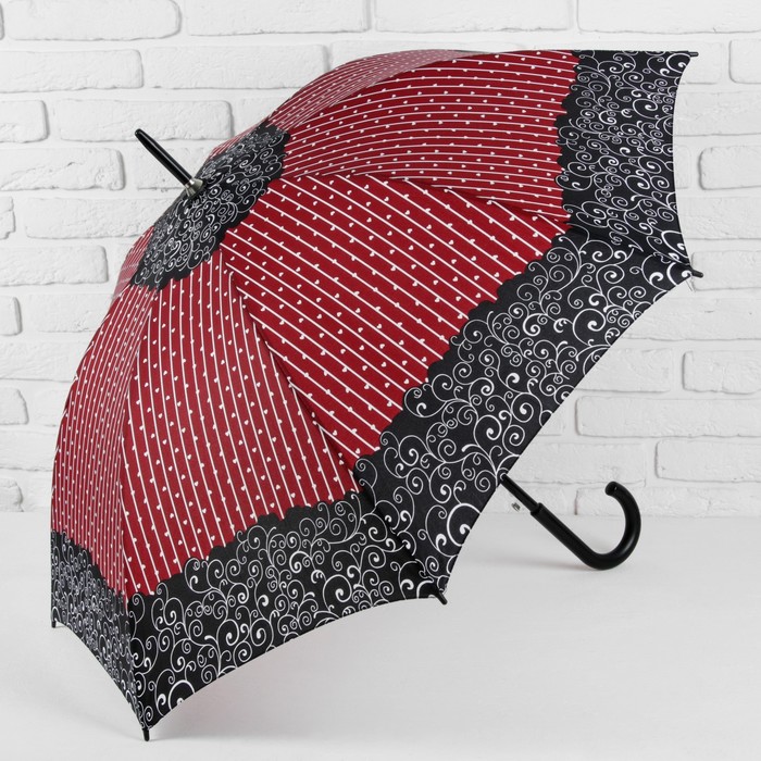 Зонт-трость "Завитушки", полуавтоматический, R=52см, цвет бордовый/чёрный