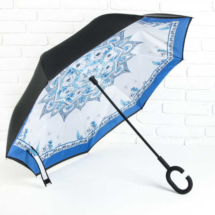 Зонт наоборот "Голубой узор", механический, R=58см, цвет чёрный