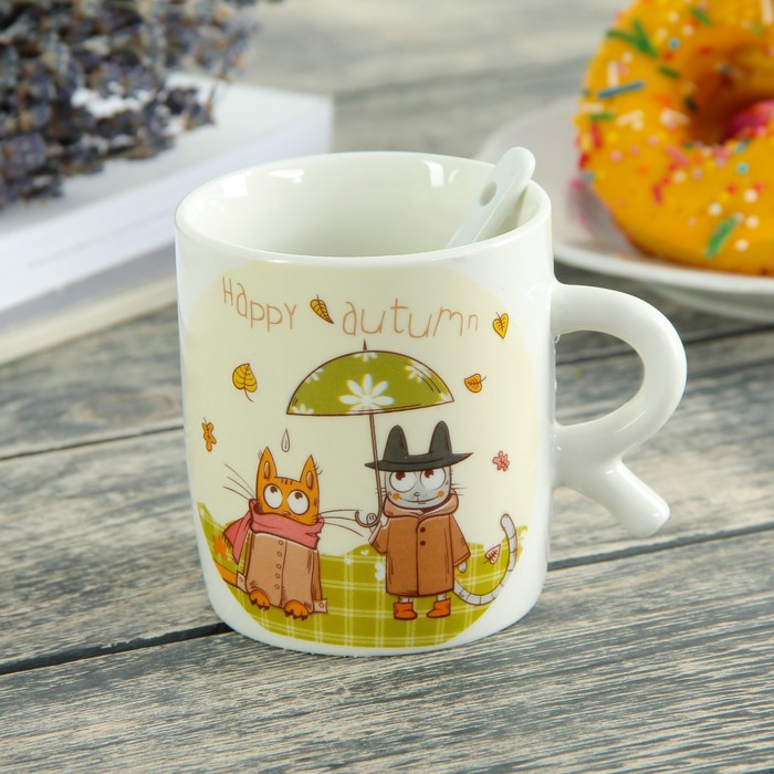 Кружка с ложкой 200 мл "Животные", рисунок МИКС