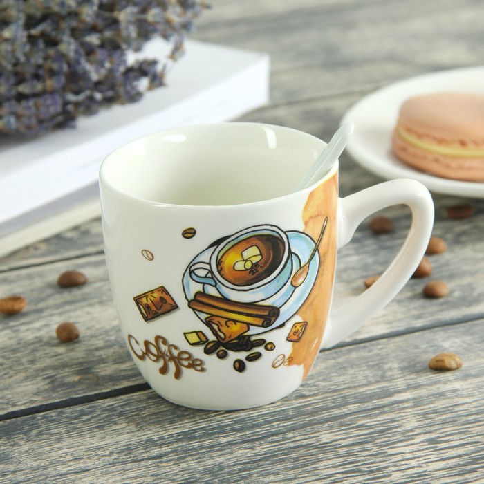 Кружка 200 мл "Кофе", с ложкой, рисунок МИКС