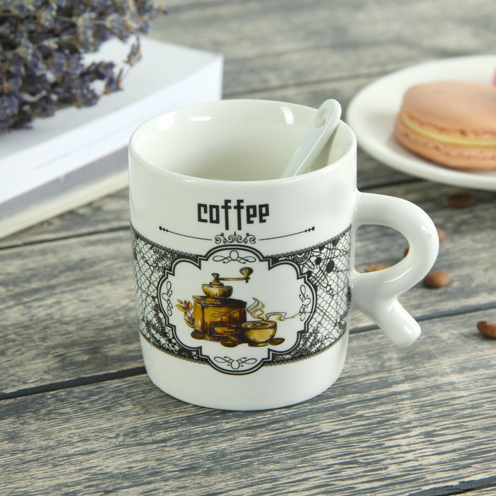 Кружка 200 мл "Кофейный аромат", с ложкой, рисунок МИКС