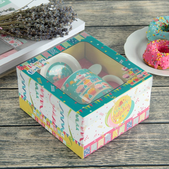 Кружка 350 мл "С днем рождения", с подставкой и ложкой, рисунок МИКС