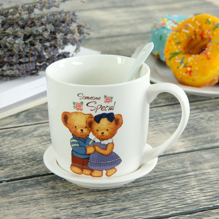 Кружка 350 мл "Медвежата", с подставкой и ложкой, рисунок МИКС