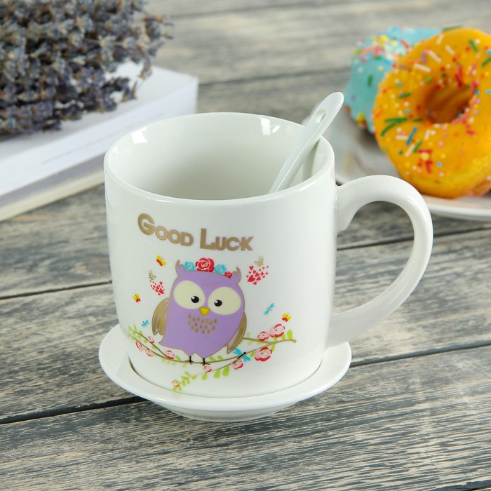 Кружка 350 мл "Совы", с подставкой и ложкой, рисунок МИКС