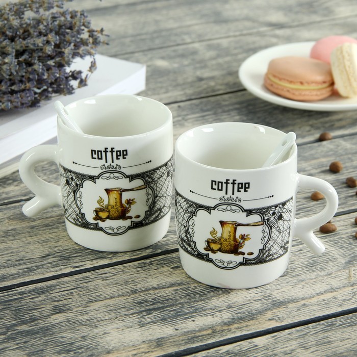 Набор кружек 200 мл "Кофейный аромат", 2 кружки, ложки, рисунок МИКС