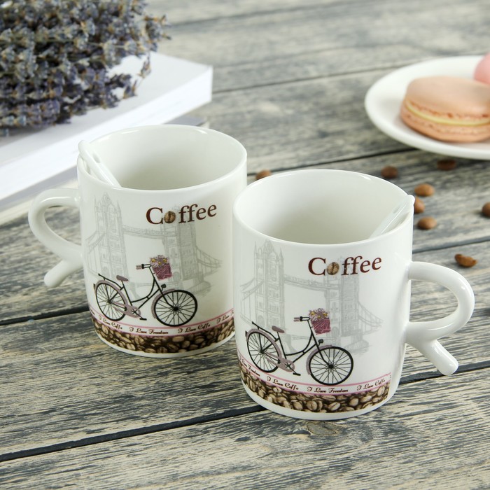 Набор кружек 200 мл "Велосипед", 2 шт, с ложками, рисунок МИКС