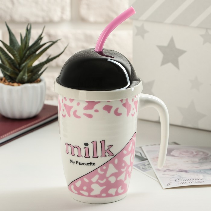 Кружка 450 мл "Молочный путь", с керамической кышкой и трубочкой, рисунок МИКС