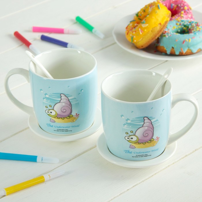 Набор кружек 320 мл "В мире морском", 2 шт, с ложками, рисунок МИКС