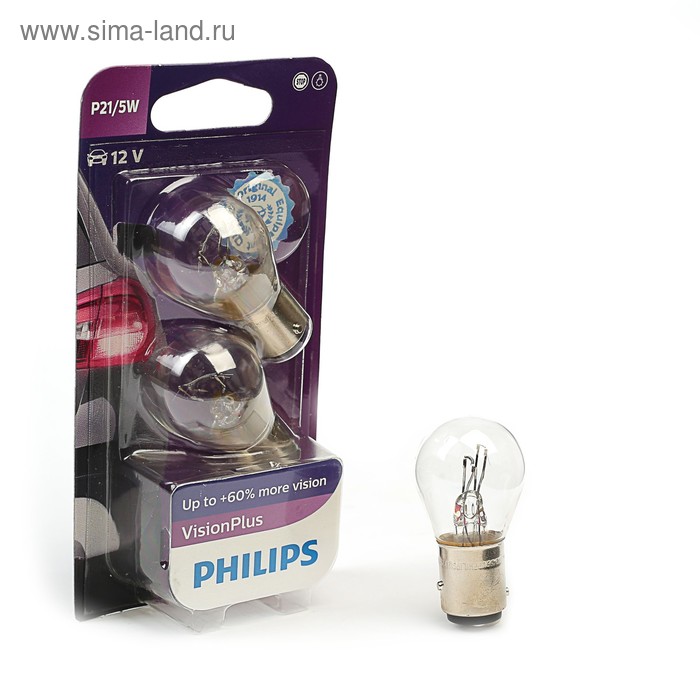 Лампа автомобильная Philips Vision Plus +60%, P21/5W, 12 В, 3 Вт, 12499 VPB2, набор 2 шт лампа 12v wy5w 5w philips vision 2 шт