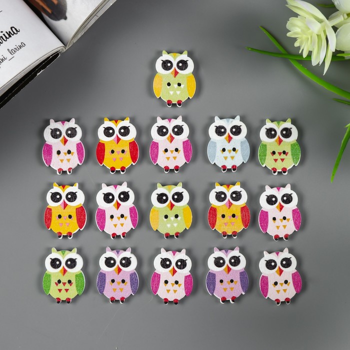 Набор пуговиц декоративных дерево "Совята" (набор 15 шт) 2,5х1,7 см