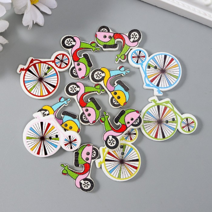 Набор пуговиц декоративных дерево "Велосипеды и мопеды" (набор 12 шт) 2х3 см