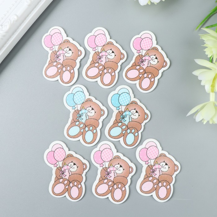 Декор для творчества дерево "Медвежонок с воздушными шариками" (набор 8 шт) 4,2х3,6 см