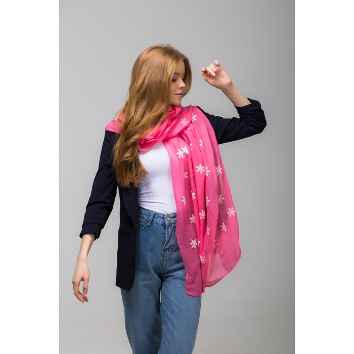 Палантин Этель "Снежинки", размер 70 х 180 см, вид 1, цвет розовый/белый