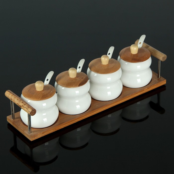 Набор банок для сыпучих продуктов 150 мл "Эстет", 4 шт, с ложками, на деревянной подставке