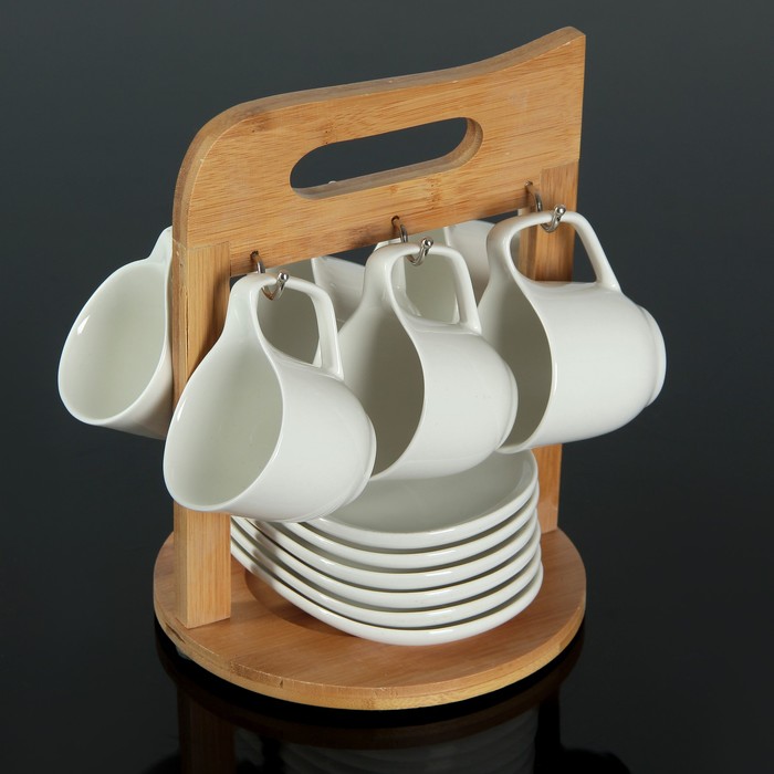 Набор чайный "Эстет", 12 предметов: 6 чашек 100 мл, 6 блюдец 14 см, на деревянной подставке