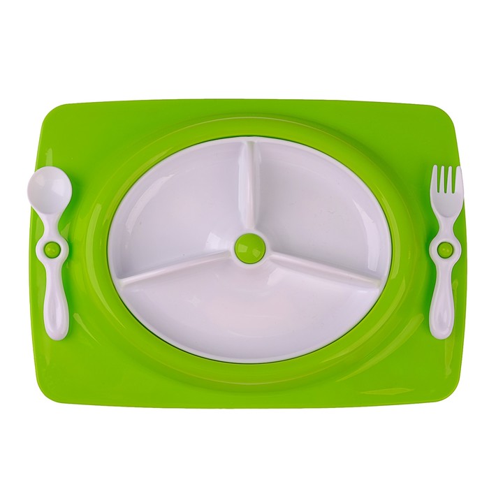 Набор детской посуды, 4 предмета: тарелка трёхсекционная, подставка, ложка, вилка, от 5 мес., цвет зелёный