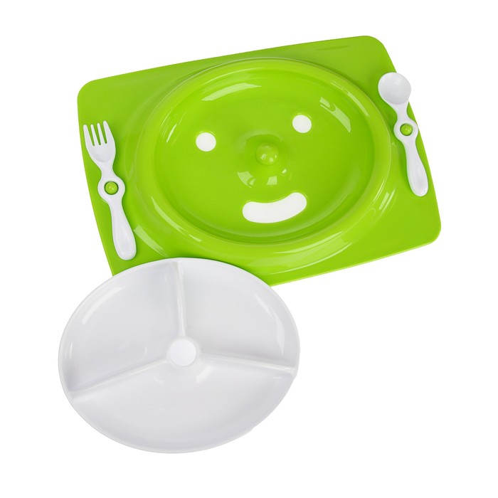 Набор детской посуды, 4 предмета: тарелка трёхсекционная, подставка, ложка, вилка, от 5 мес., цвет зелёный