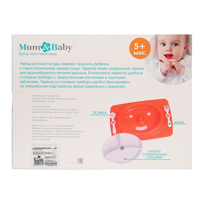 Набор детской посуды, 4 предмета: тарелка трёхсекционная, подставка, ложка, вилка, от 5 мес., цвет зелёный