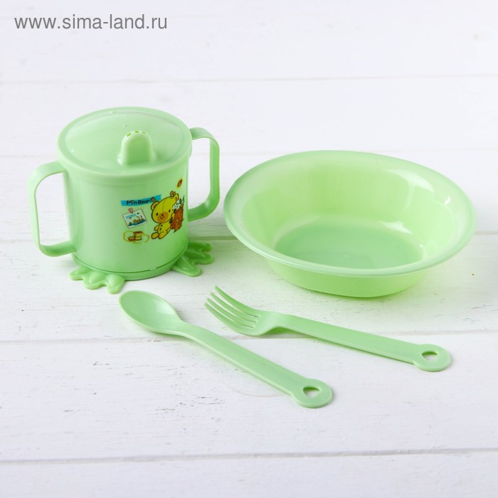 Набор детской посуды, 4 предмета: миска, ложка, вилка, поильник с твёрдым носиком 200 мл, цвета СЮРПРИЗ