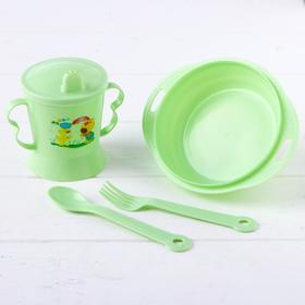 Набор детской посуды, 4 предмета: миска, ложка, вилка, поильник с твёрдым носиком 200 мл, цвета МИКС Ош